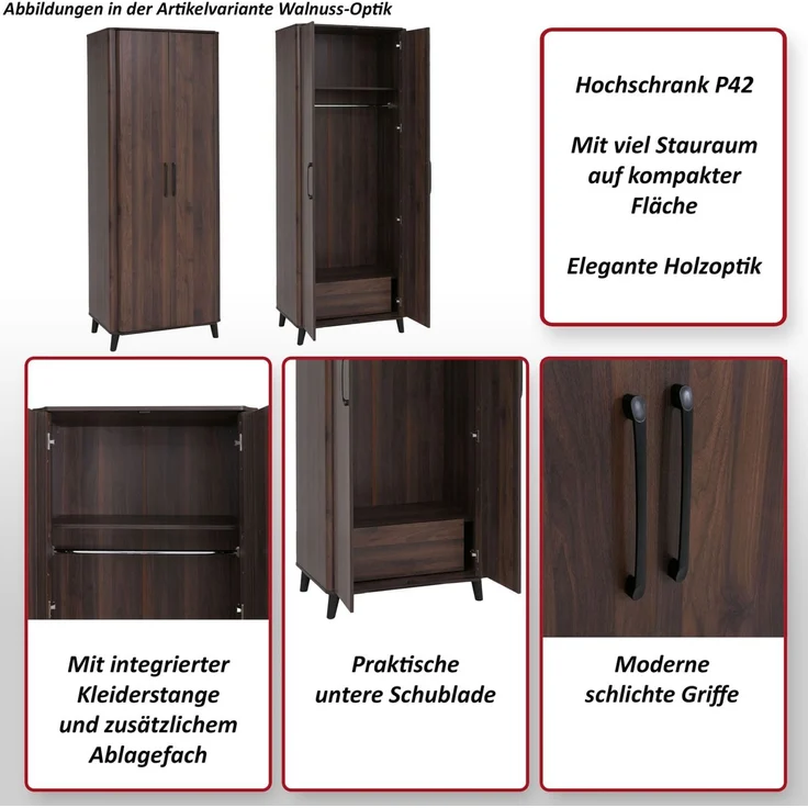 Hochschrank HWC-P42, Garderoben-/Kleiderschrank Kleideraufbewahrung Schrank 2 Türen 216x80x57cm ~ Walnuss-Optik – Bild 2