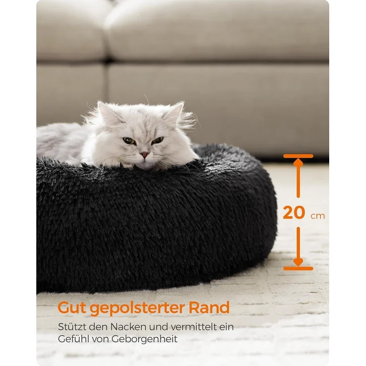 Feandrea Hundebett flauschig, Katzenbett, Donut Kissen, waschbar, Polsterung in der Mitte herausnehmbar, Langer Plüsch, 50 cm Durchmesser, tintenschwarz PGW037B01 – Bild 5