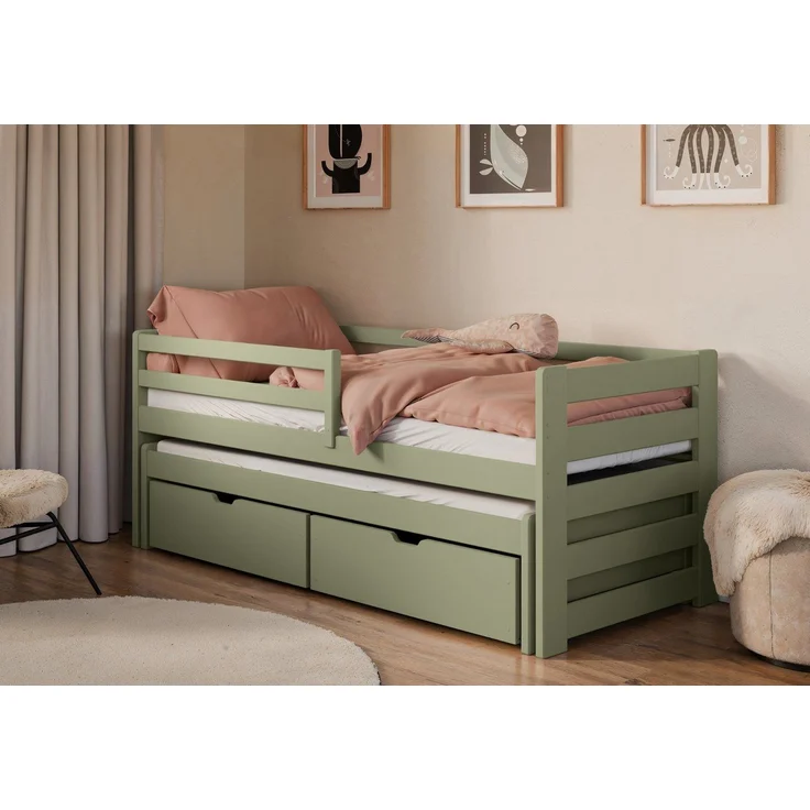 Kids Collective Jugendbett Einzelbett Kinderbett 90x200 cm, Lattenrost, Rausfallschutz Vollholz, 90x200 cm mit Rausziehbett 190x90 mit zwei Schubladen Olivgrün – Bild 5