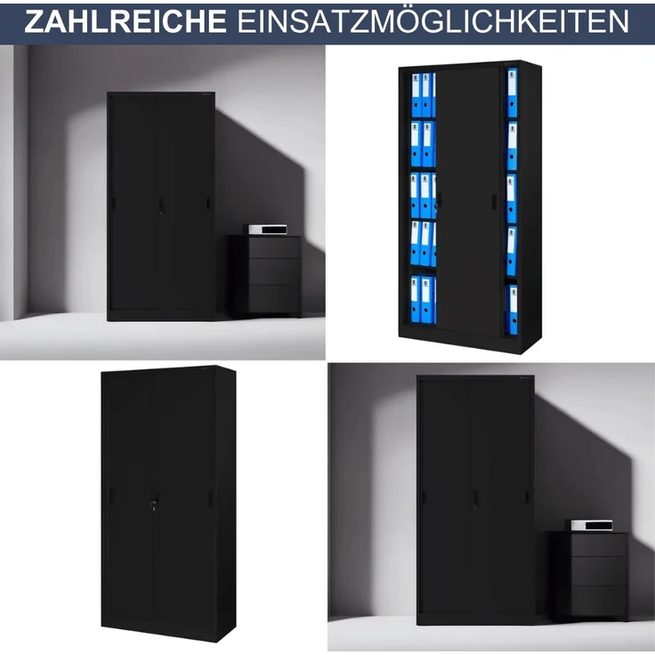 Aktenschrank abschließbar ROLF - Schiebetüren, 5 Ebenen | Büroschrank aus Stahl Metallschrank Werkstatt Mehrzweckschrank Werkzeugschrank, 185x90x40cm Schwarz – Bild 6