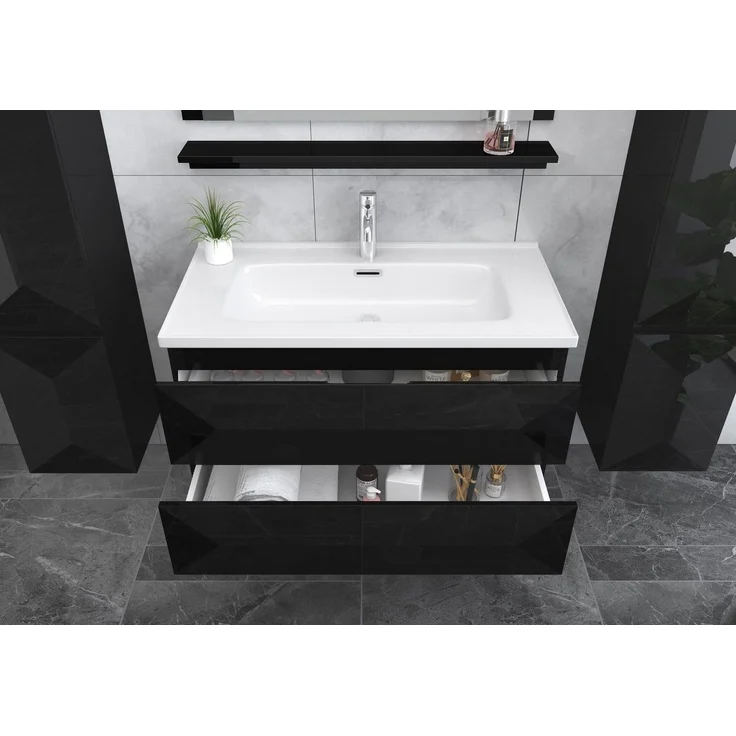 Badmöbel Set Miran 90 cm Schwarz, Keramikbecken & Spiegel 1x Seitenschrank Links, 1x Waschbeckenunterschrank, 1x Spiegelablage, 1x Spiegel – Bild 3
