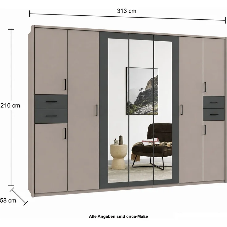 Drehtürenschrank Kleiderschrank 313cm Passepartout Spiegel Sand Grau mit Grafit – Bild 8