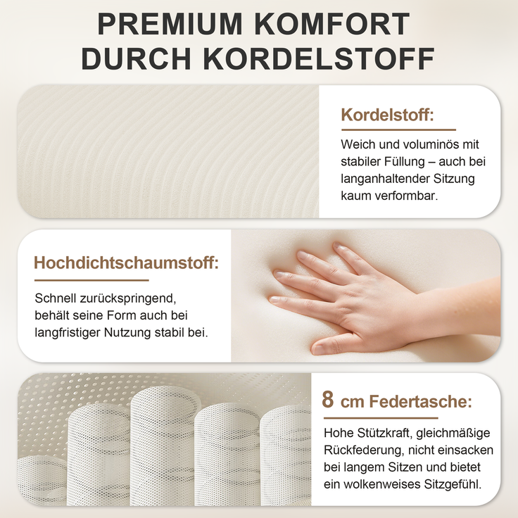 Ecksofa 282x153x85 cm aus Cord in Beige mit Schlaffunktion und Stauraumhocker – Bild 9