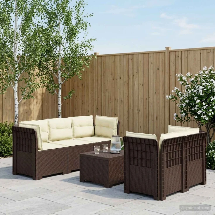 vidaXL 5-Sitzer Gartensofa mit Kissen Rattan-Look PP Braun 3443910 – Bild 1