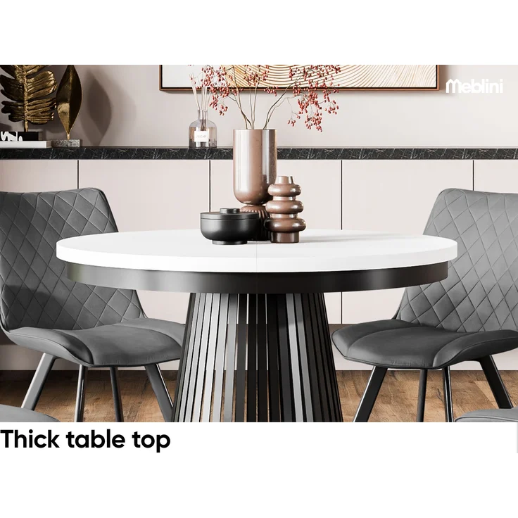 MEBLINI Esstisch Rund Ausziehbar aus Metall - 100-176x77cm - LAMORE - Weiß Matt/Schwarz Matt - Loft - Esszimmertisch Modern - Küchentisch - Ausziehtisch - Round Dining Table - Esszimmertische - Weiß Matt/Schwarz Matt – Bild 5