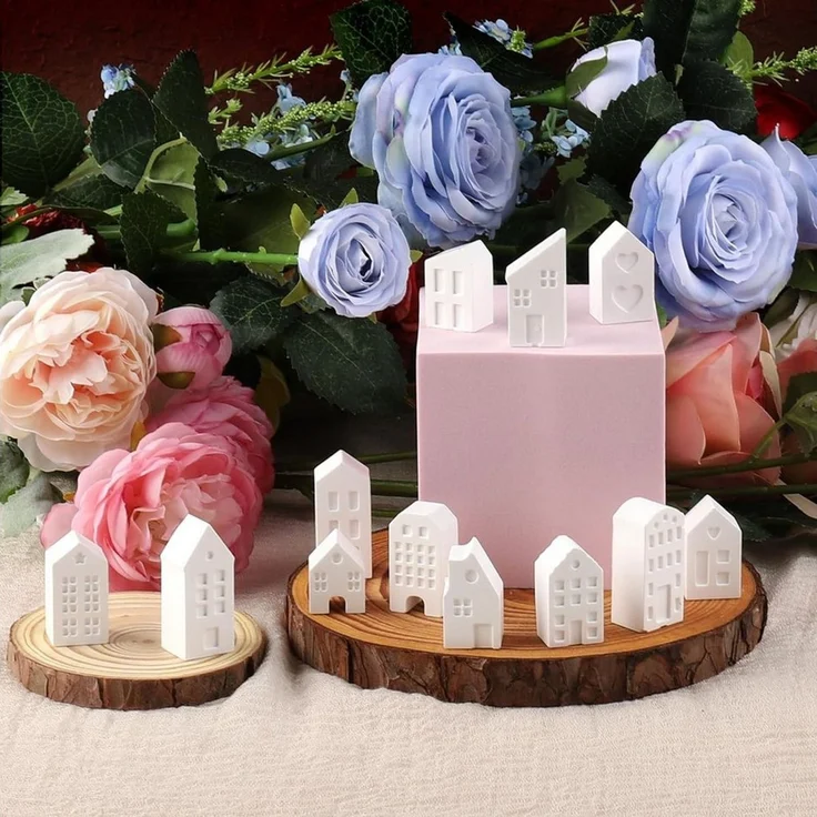 FOUORTUNATE-BEE Backform 12er Set 3D Haus Silikonformen Mini Haus Gießform für DIY Deko, 12 Silikonformen Mini Häuser 3D Gießform für Gips Beton Deko – Bild 3