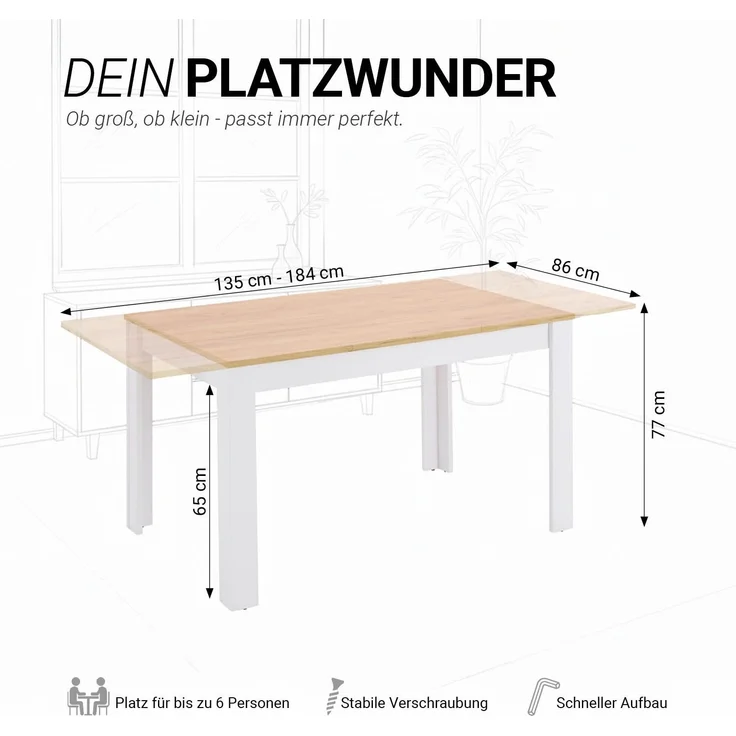 Esstisch ausziehbar 135x86 cm Wohnzimmertisch Weiß Holz Eiche Küchentisch Esszimmertisch Holztisch Tisch – Bild 3