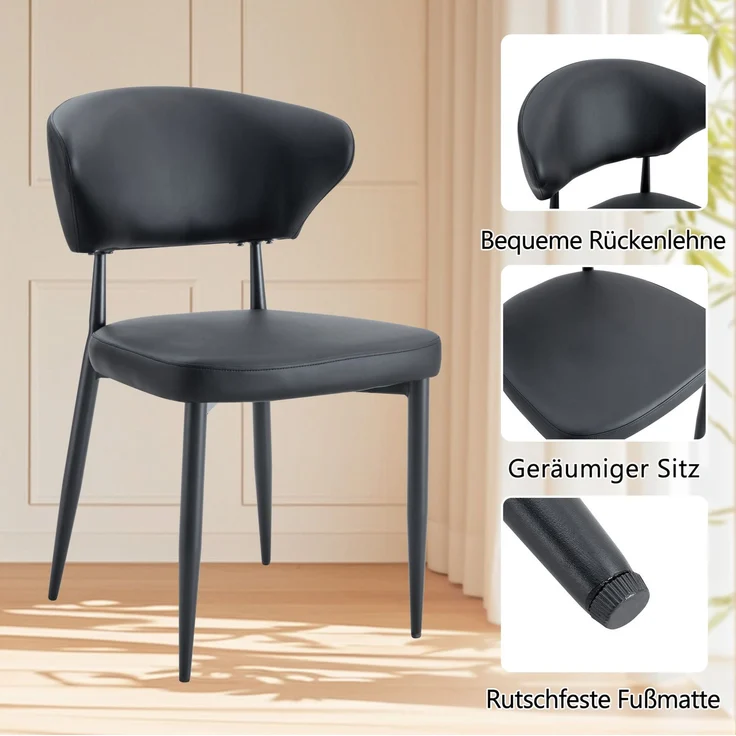 Essgruppe mit rundem Tisch Ø 100x76 cm, Glasablage & 2 PU-Stühlen, Schwarz – Bild 5