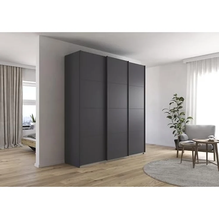 Rauch Möbel Kulmbach, Kleiderschrank mit Schwebetüren für Schlafzimmer, Kinderzimmer, Jugendzimmer, Garderobe, Flur, 3-türig, Zubehör Basic, Farbe Grau metallic, Schwarz, Breite 203 cm – Bild 2