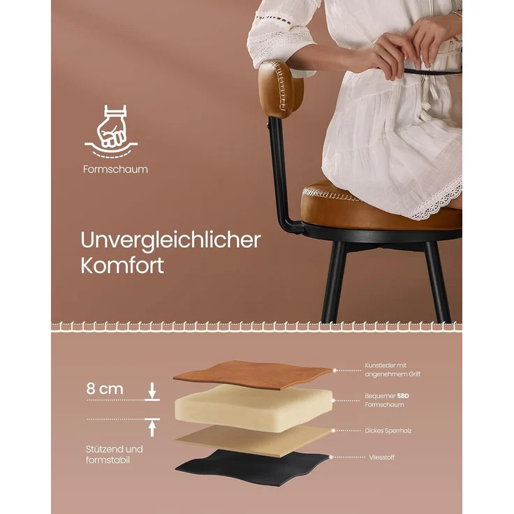 VASAGLE EKHO Kollektion - 360° drehbarer Barhocker, 2er Set, Hocker mit Rückenlehne für Bartisch, Kunstleder mit Nähten, Mid-Century-Modern-Stil, 76 cm hoch, Küche, Hausbar, karamellbraun LBC889K01 – Bild 7