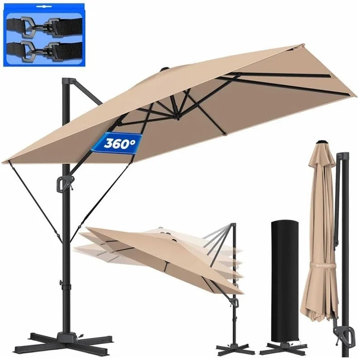 KESSER® Sonnenschirm Ampelschirm Sun XL 300x300 cm Inkl. Abdeckung +Windsicherung Drehbar Neigbar Kippbar Marktschirm Groß 360° Rotation, Gartenschirm mit Kurbel Sonnenschutz UV50+, Taupe – Bild 1