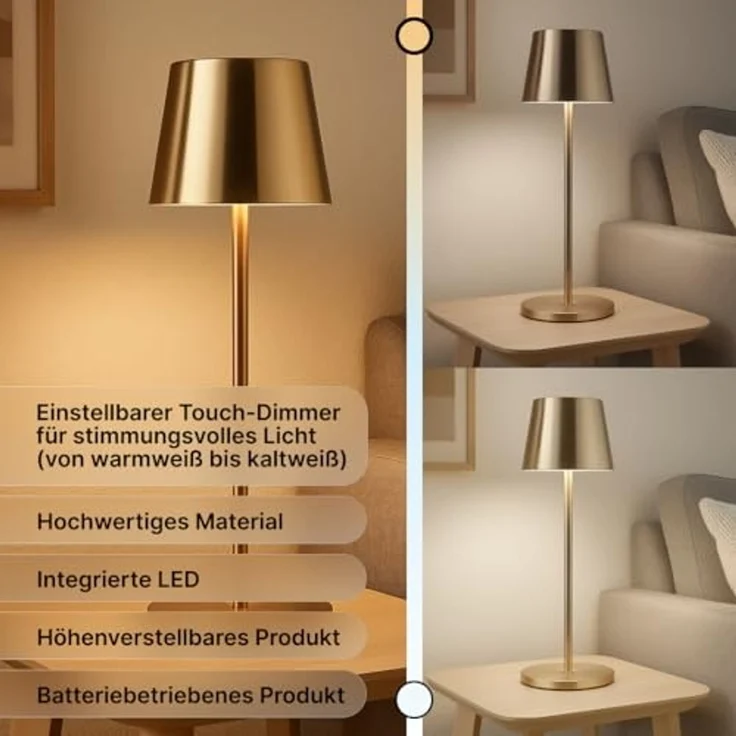 Brilliant Xaana LED-Tischlampe - gebürstetes Messing, Höhenverstellbares Produkt, touch dimmer stufenlos, IP44 spritzwassergeschützt, 37 cm hoch, USB aufladbar, für den Innen- und Außenbereich – Bild 4