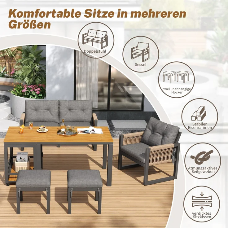 LVHOM 7-tlg. Gartenmöbel-Set, Lounge-Set für 6–7 Personen, wetterfeste Sitzgruppe inkl. Esstisch und abnehmbarem Servierwagen mit Stauraum, Grau/Eiche – Bild 4