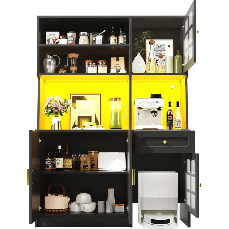 Küchenschrank, hoher Küchenschrank Sideboard Küchenschrank mit Glastüren und LED-Beleuchtung, MDF/Glas, Schwarz, 130 x 45 x 180 cm – Bild 6