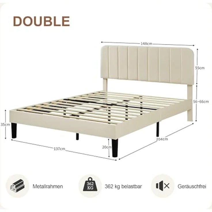 VECELO Polsterbett 140x200 cm, Doppelbett mit Höhenverstellbarem Kopfteil, Samtbezug und Stabiler Lattenrost, Geräuschfrei, Einfache Montage, für Schlafzimmer und Gästezimmer, Beige – Bild 2