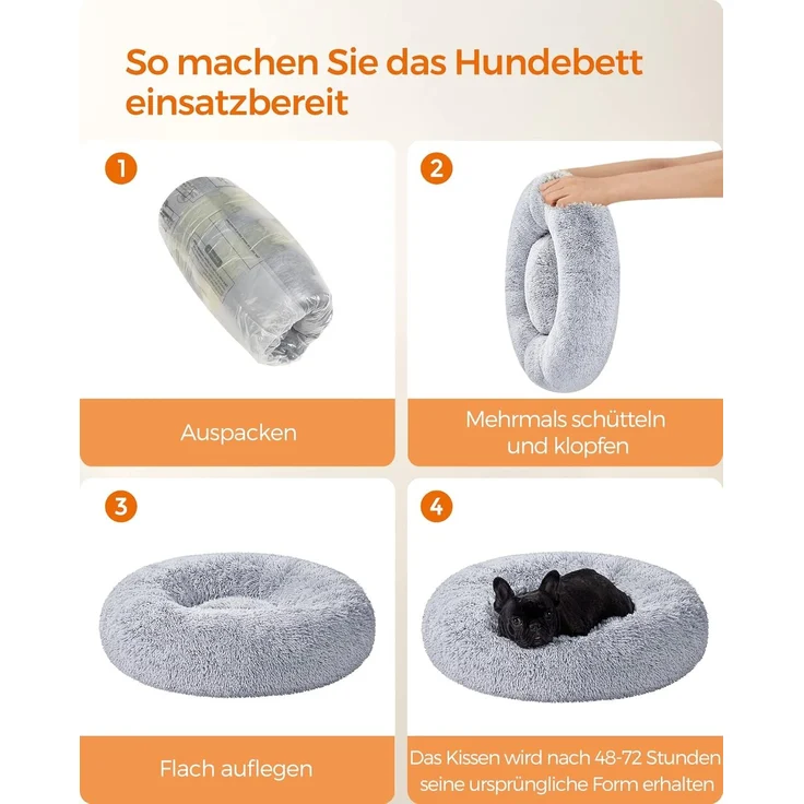 Feandrea Hundebett flauschig, Katzenbett, Donut Kissen, waschbar, Polsterung in der Mitte herausnehmbar, Langer Plüsch, 70 cm Durchmesser, Ombré-Grau PGW039G01 – Bild 8