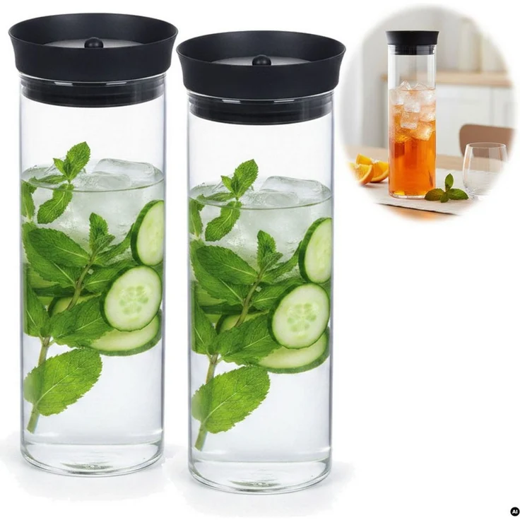 LS-LebenStil Wasserkaraffe 2x Glas Wasserflasche 1L Borosilikatglas Flasche Karaffe mit Deckel, (mit Silikon Deckel und integriertem Sieb, Glaskaraffe Trinkflasche, 2-tlg, für Sprudel, Wasser Infused Water, Tee, Saft und Kaltgetränke Eistee), Modernes,... – Bild 1