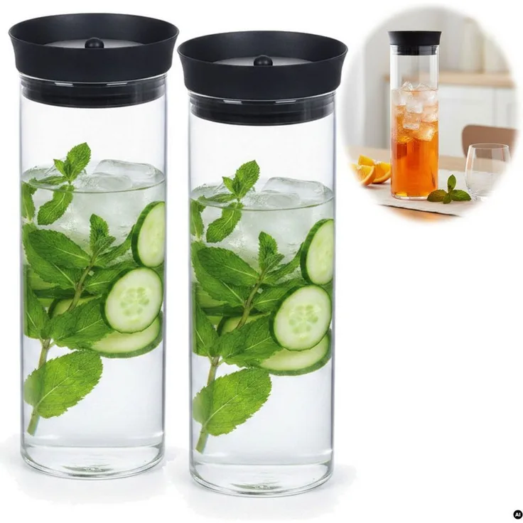 LS-LebenStil Wasserkaraffe 2x Glas Wasserflasche 1L Borosilikatglas Flasche Karaffe mit Deckel, (mit Silikon Deckel und integriertem Sieb, Glaskaraffe Trinkflasche, 2-tlg, für Sprudel, Wasser Infused Water, Tee, Saft und Kaltgetränke Eistee), Modernes,...