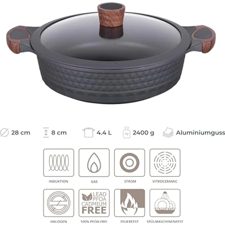 RESTO Kitchenware Kochtopf Capella, Schmortopf antihaftbeschichtet und spülmaschinenfest, Aluminiumguss (2-tlg), mit Glasdeckel und stoßdämpfendem Silikonrand, im Geschenkkarton – Bild 3