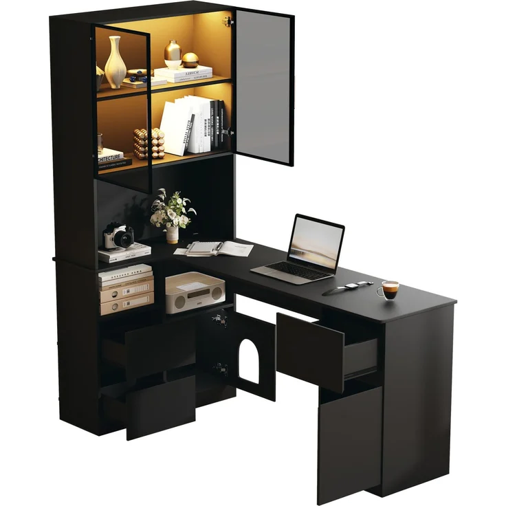 Eckschreibtisch mit Regal, LED-Vitrine & Kabeldurchlass, 120x80x180 cm, Schwarz – Bild 7