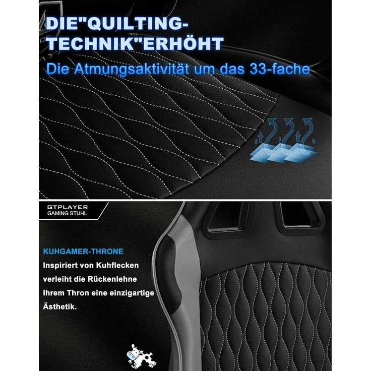GTPLAYER Gaming Stuhl, Gamer Stuhl, Ergonomischer Bürostuhl mit mit Fußstütze verstellbare Lenden und Kopfkissen, Gaming Chair Gepolstert, Gaming Sessel 150 kg Belastbarkeit grau – Bild 8