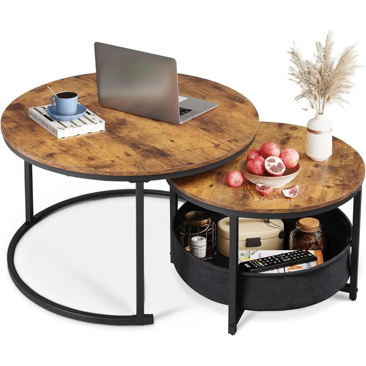 WLIVE Couchtisch 2er Set, Beistelltisch Rund mit Stauraum, Wohnzimmertisch mit Korb aus Stoff，Metallgestell, Kaffeetisch für Wohnzimmer (Rustikales Braun) – Bild 1