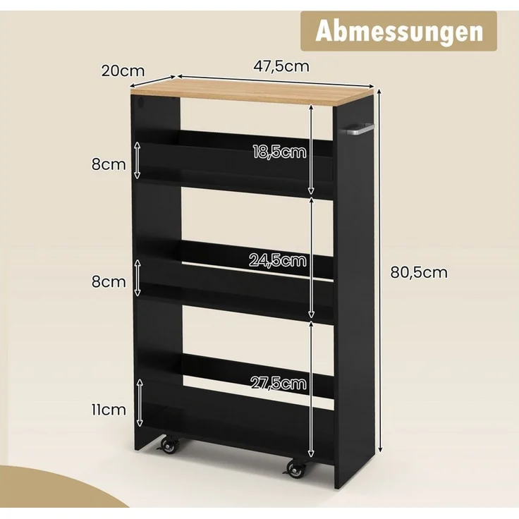 COSTWAY Küchenwagen, schmal, Nischenwagen 4 Ebenen, auf Rollen, 47,5x20x80,5cm – Bild 3