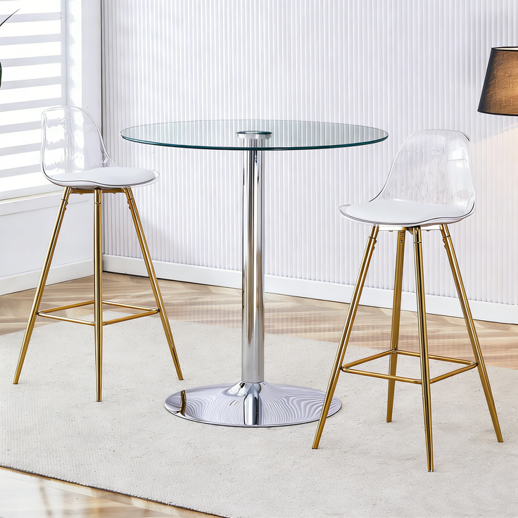 Esstisch-Set 92x89x89 cm aus Glas und Metall in Transparent, Gold und Silber mit 2 Barhockern – Bild 2