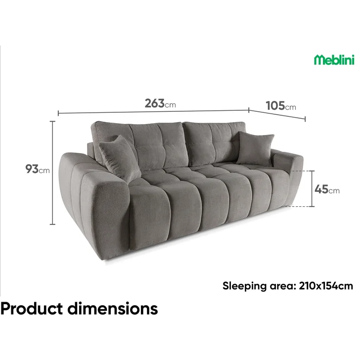 MEBLINI Sofa mit Schlaffunktion – FUTU – 263x105x93cm – Grau Plüsch – Schlafcouch Ausziehbar - Schlafsofa mit Bettkasten - Sofabett - Couch mit Schlaffunktion – Klappsofa – Bild 6