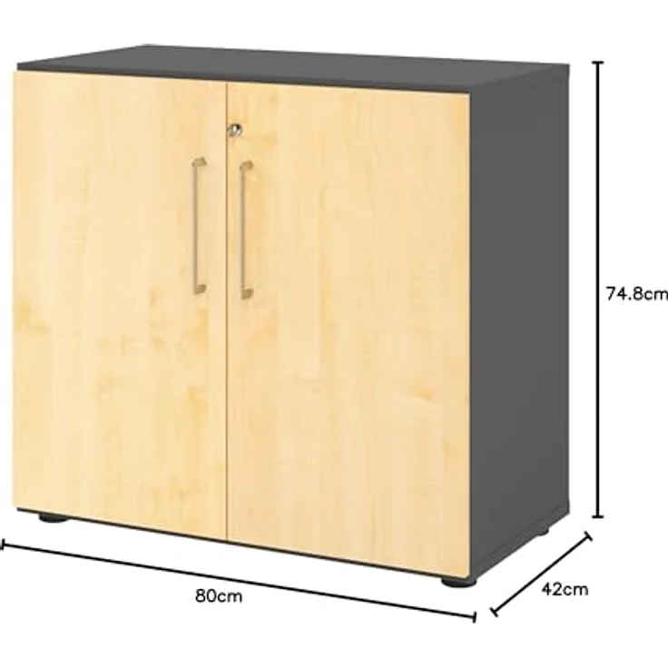 bümö Aktenschrank abschließbar, Büroschrank Holz 80cm breit in Graphit/Ahorn - abschließbarer Schrank mit Aktenregal für's Büro & Arbeitszimmer, Büro Möbel Ordnerschrank mit Schloss, 928T2-G-3-BS – Bild 2