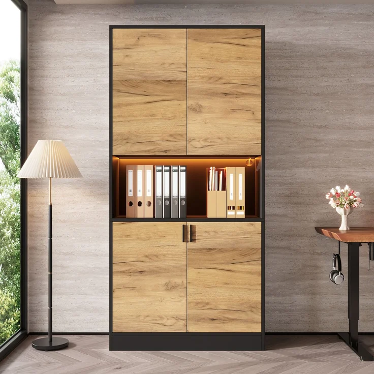 ZUBALIYA Aktenschrank 80x35x180cm mit LED-Beleuchtung, Mehrzweck-Aufbewahrungsschrank aus Holz, Hochschrank mit verstellbaren Einlegeböden, Sideboard für Büro Wohnzimmer Flur,Aktenschrank,Flurschrank – Bild 2