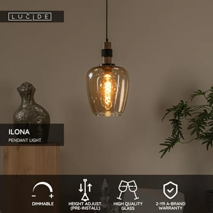 LUCIDE ILONA Pendelleuchte, Ø 22 cm, 1xE27, Amber, höhenverstellbar, dimmbar, hochwertiges Glas – Bild 3