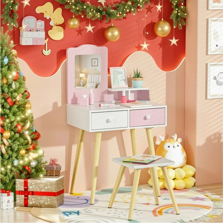 TLGREEN Schminktisch, 2-in-1 Kinderschminktisch mit Spiegel und Hocker (Spielkosmetiktisch aus Holzdesign, multifunktional als Schreibtisch & Maltisch), pink-weiße Kinderzimmer-Kommode mit Stauraum und Kippsicherung – Bild 1