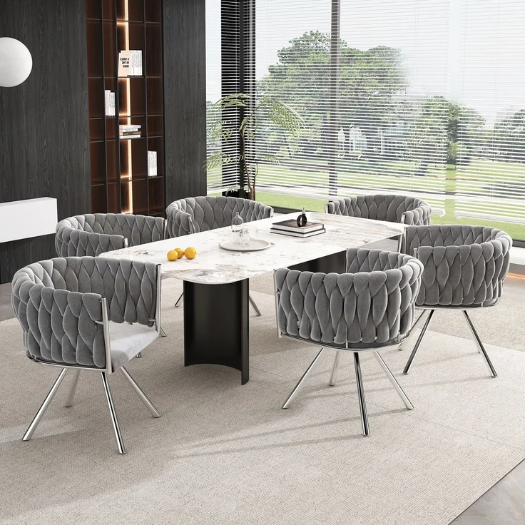 Merax Samt-Esszimmerstuhl, 6er set, Schlafzimmer-Drehstuhl, 360° drehbar Freizeit-Drehstuhl mit vier Stützbeinen aus Metall, Grau+Silber – Bild 2