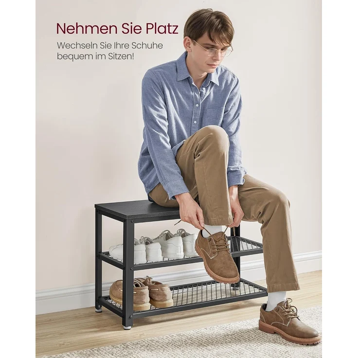 VASAGLE Schuhbank, Schuhregal mit 2 Gitterablagen, Aufbewahrung für Schuhe, 30 x 73 x 45 cm, für Eingangsbereich, Flur, Wohnzimmer, Metallgestell, Industrie-Design, ebenholzschwarz-schwarz LBS073B06 – Bild 4