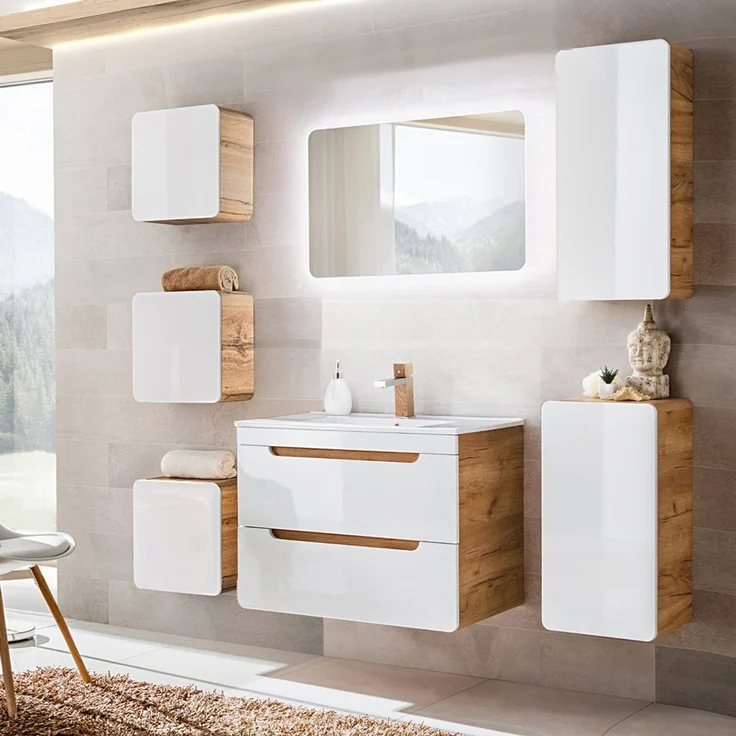 Badezimmermöbel Set mit 81 cm Waschtisch & LED-Spiegel LUTON-56 Hochglanz weiß mit Wotan Eiche Nb, B/H/T ca. 180/200/46 cm – Bild 1