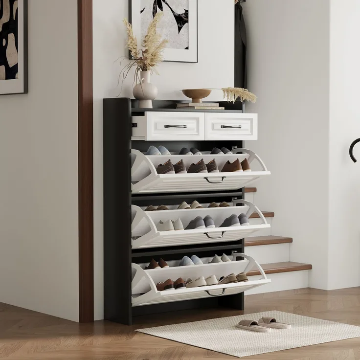 Merax Schuhkommode mit drehbarem Schuhschrank, bestehend aus drei großen Klappen und zwei Schubladen, Holzschuhschrank, Schuhregal