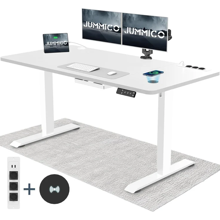 JUMMICO Höhenverstellbarer Schreibtisch mit Kabelloser Ladestation und Euro-Steckdose mit USB, 140x70 cm Schreibtisch Höhenverstellbar Elektrisch Stehtisch mit Rollen, Weiß