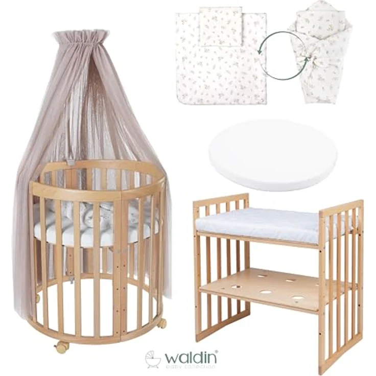 Waldin Oval Baby-Bett Mitwachsend Komplett Set 7in1, Gitterbett, Kinderbett mit Matratze, Wickelkommode, Beistellbett, Holz Natur, Stoffe Taupe Zweige – Bild 3