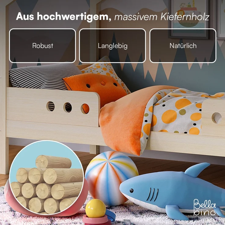 Bellabino 'Bela' Hausbett 90x200 cm, natur, Kiefer Massivholz, Montessori Kinderbett mit Rausfallschutz und Lattenrost – Bild 5