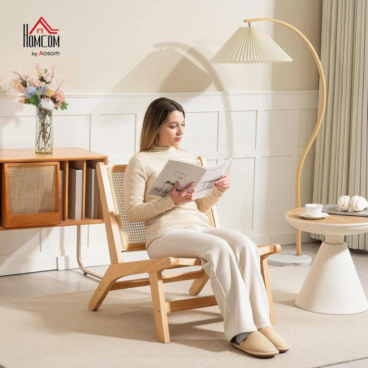 HOMCOM Relaxsessel Rattan-Akzentsessel (Sessel mit Gummibaumholzrahmen, 1-St, für Schlafzimmer und Wohnzimmer), 70 x 64 x 74 cm Naturholz-Finish – Bild 2