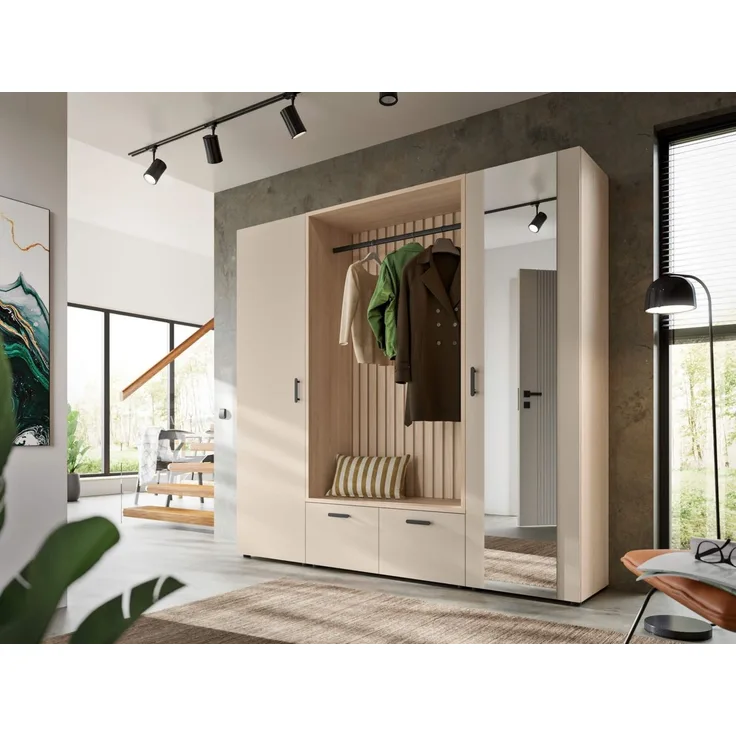moebel-dich-auf Kompaktgarderobe MODENA (Set, 3-tlg, Sitzbank mit Paneel und 2 Garderobenschränken) 210 cm breit