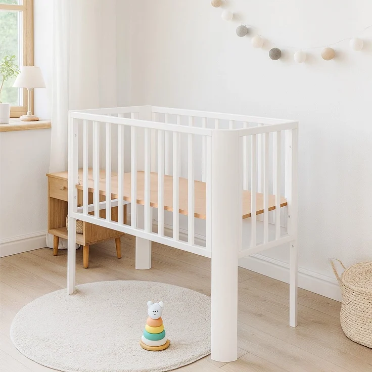 Beistellbett Baby Weiß – 5xHöhenverstellbar, Matratze & Holz – Bild 3