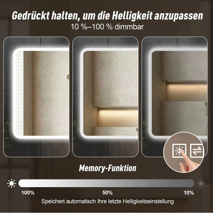 Badezimmerspiegel 100x60 cm mit LED-Frontbeleuchtung, Anti-Beschlag-Funktion und Milchglasrand – Bild 5