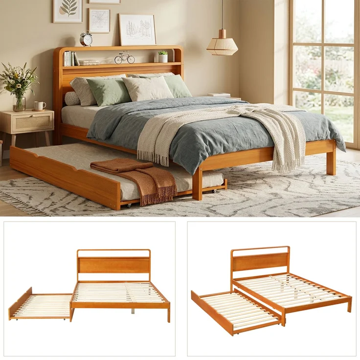 Merax Holzbett, Doppelbett, Kinderbett, 140x200 cm, mit Ausziehbett 90x190 cm, Funktionsbett mit links/rechts montierbarem Gästebett, Natur – Bild 6