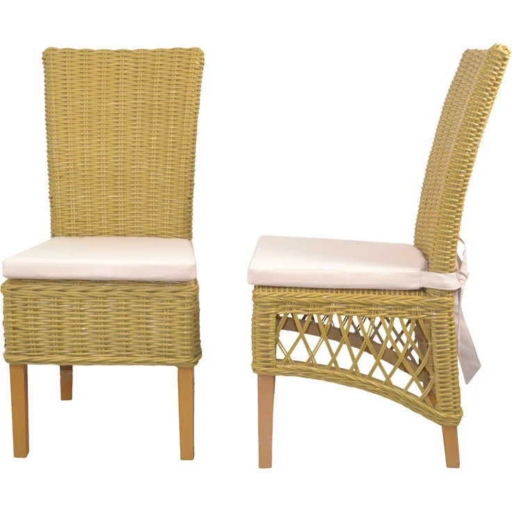 Rattanstühle/Esszimmerstühle 2er-Set, handgeflochten, beige, inkl. Kissen creme – Bild 2