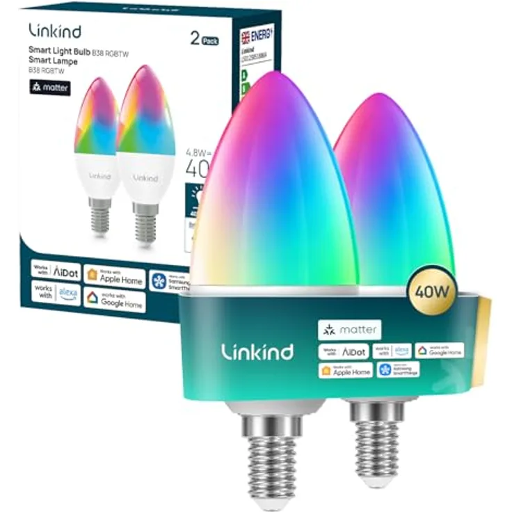 Linkind Matter Smart RGBTW LED Lampe E14, Kerzenform, 2 Stück, 470lm, app-gesteuert, Musik-Sync, 1800K-6500K Farbtemperatur