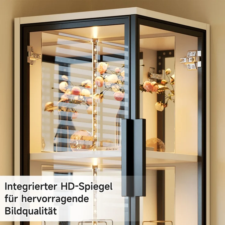ZUBALIYA Vitrine mit Glas 44 × 42 × 164 cm, Spiegelrückwand, Eckvitrine mit doppelseitiger Glaspräsentation, LED-Beleuchtung mit Farbwechsel, Glasvitrine für Sammlerstücke, Bücher, Wein & Dekoration, Weiß – Bild 3