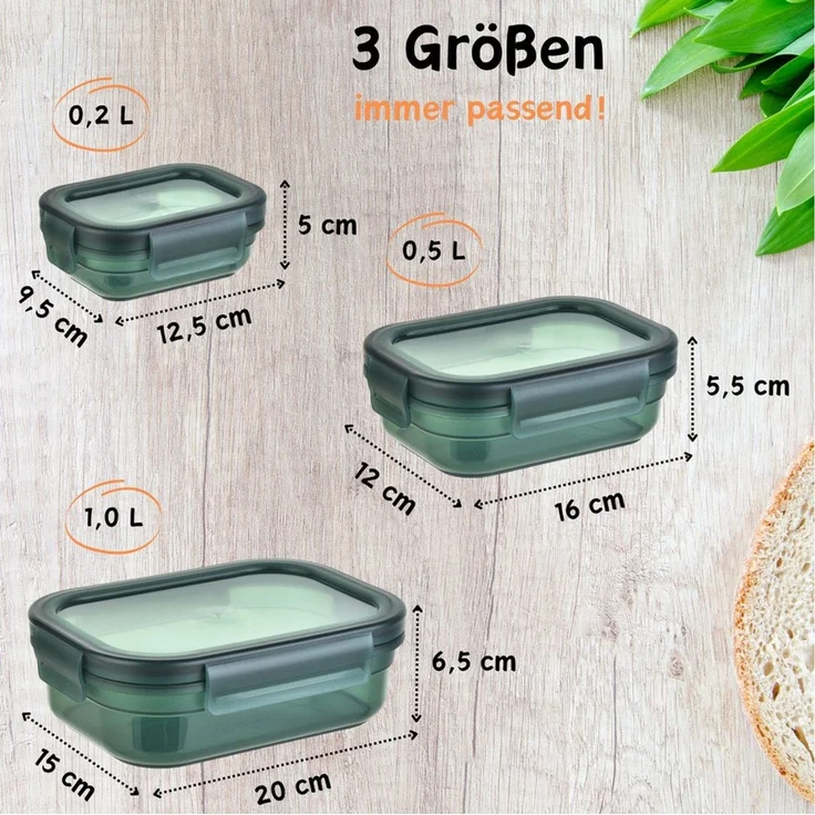 Engelland Frischhaltedose 3er Set Aufbewahrungsdosen mit Deckel, Vorratsdose, Frischhaltedose, Kunststoff/Silikon, (Vorteils-Set, 3-tlg, 0,2 L / 0,5 L / 1,0 L), luftdicht, auslaufsicher, stapelbar, BPA-frei, verschiedene Größen – Bild 3
