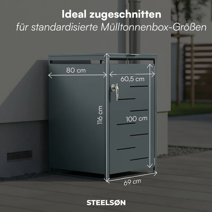 STEELSØN 'Diorus' Mülltonnenbox 1er 240 Liter, anthrazit, Mülltonnenverkleidung aus Stahl mit Sichtstreifen, wetterfest, 116x80x69 cm, abschließbare Müllbox für 1 Tonne – Bild 6